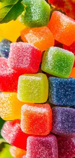 Colorful candy cubes shining in bright light.