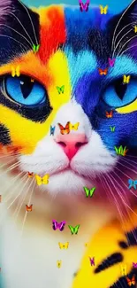 Colorful cat with vibrant hues and striking blue eyes in a stunning wallpaper.