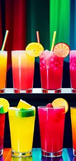 Colorful cocktails with lemon garnishes on a vibrant background.