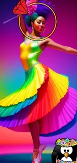 Vibrant rainbow dancer with illustrated penguin.