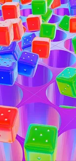 Vibrant dice with colorful neon hues on a purple background.