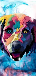 Vibrant artistic dog in colorful hues with blue accents.