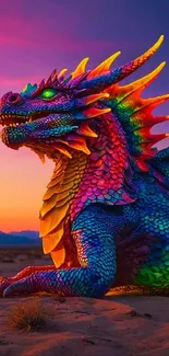 Colorful dragon in a vivid sunset landscape.