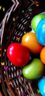 Basket of colorful Easter eggs with butterflies.