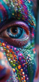 Close-up of a vibrant, colorful eye with artistic texture.