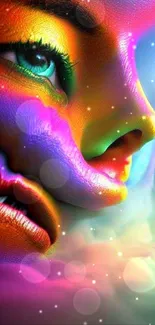 Surreal colorful face with vibrant hues in digital art wallpaper.