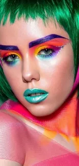 Vibrant colorful portrait with bold makeup and green hair.