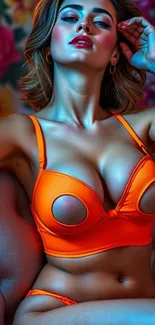 Vibrantly colored fashion portrait with stylish orange hues.