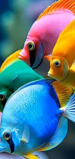Four colorful fish swimming in vibrant underwater art.