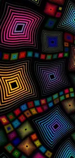 Vibrant geometric wallpaper with colorful squares on a black background.