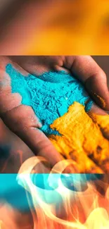 Hand with blue and yellow colors, vibrant phone wallpaper.