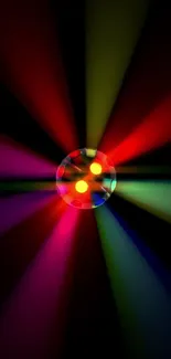 Vibrant colorful light burst with dynamic rays on a black background.