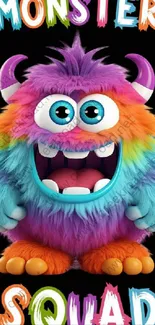 Colorful fuzzy monster cartoon on black background.