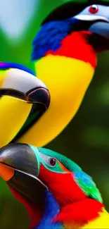 Vibrant trio of colorful parrots set against a lush green background.