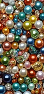 Colorful array of various pearls in vibrant hues.