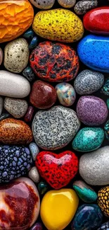 A variety of colorful pebbles in artistic arrangement.