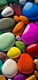 Colorful polished pebbles forming a vibrant pattern.