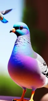 Colorful pigeon with vibrant feathers on an urban background.