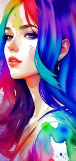 Vibrant watercolor portrait of woman with multicolored hair.