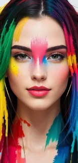 Vibrant artistic portrait with colorful splashes on a mobile wallpaper.