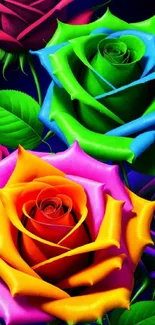 Vibrant and colorful roses on a dark background, ideal for lively decoration.