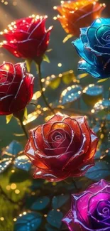 Colorful roses illuminated by sunlight.