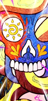 Colorful illustrated skull with vibrant hues and dynamic patterns.