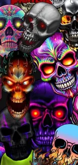 Colorful skulls with neon accents on black background.