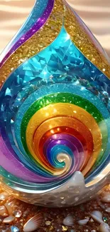 A vibrant, colorful abstract sphere with rainbow patterns and golden accents.