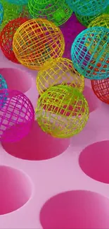 Colorful 3D spheres with vibrant pink background.