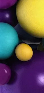 Vibrant wallpaper with colorful spheres in purple, yellow, and teal hues.