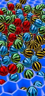 Vibrant colorful spheres on geometric blue background.