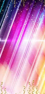 Vibrant colorful stripes wallpaper with radiant lights and confetti.