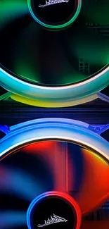 Colorful tech wallpaper with glowing RGB fans.