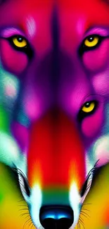 Vibrant colorful wolf art with rainbow hues.