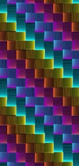 Vibrant woven pattern wallpaper with purple, teal, and orange hues.