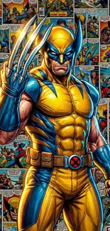 Wolverine standing against comic background.