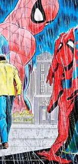 Comic book style artwork with superhero and cityscape.