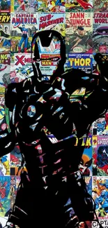 Comic book collage wallpaper with superhero silhouette.