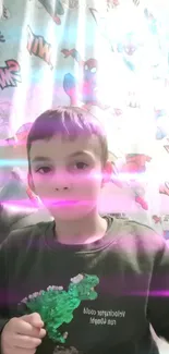 Child in a vibrant comic-themed room with pink neon lights.