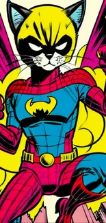 Colorful comic cat superhero wallpaper with vibrant magenta and blue hues.