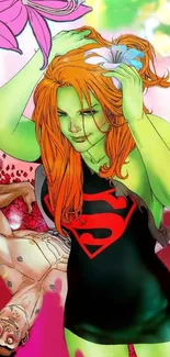 Vibrant green superhero character with orange hair in a colorful setting.