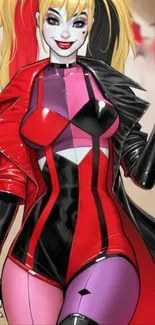 Vibrant comic character in red and black attire.