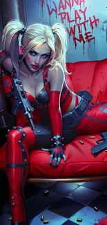 Comic characters with vibrant colors on a red couch, stylish and dynamic wallpaper.