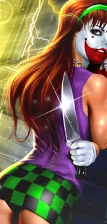 Comic-style character with knife and dramatic purple hue.