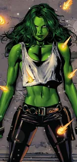 Vibrant green comic character in action scene with dynamic visuals.