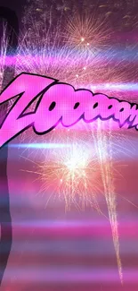 Vibrant wallpaper with comic text and fireworks in pink hues.