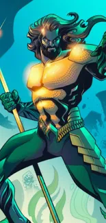 Artistic comic book hero with trident in vibrant teal and gold tones.