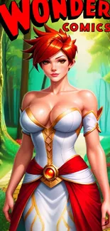 Dynamic comic-style heroine art in a lush forest scene.