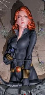 Comic heroine with red hair in black suit against a web and arrow background.